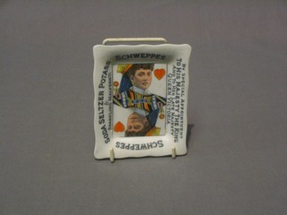 An Edwardian rectangular Schweppes advertising ashtray decorated Queen of Hearts and marked by Special Appointment to His Majesty The King and to Her Late Majesty Queen Victoria 5"