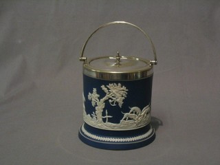 A Tunstall Jasperware biscuit barrel decorated a hunting scene with silver plated mounts