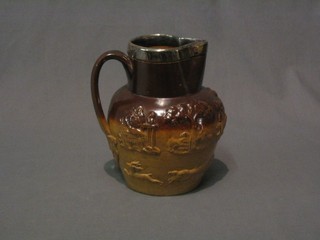 A salt glazed hunting jug with silver plated mount  7 1/2"