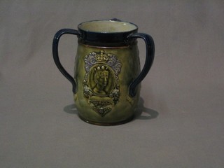 A Doulton George V 1911 Coronation 3 handled mug the base impressed Royal Doulton 7456, 6" (cracked)