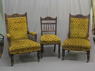 An Edwardian carved mahogany show frame drawing room suite comprising armchair, nursing chair and 2 standard chairs with bobbin turned decoration
