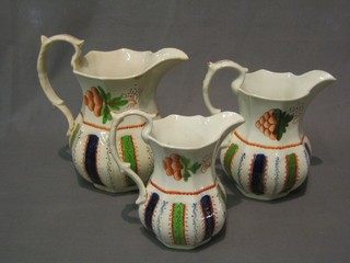 3 graduated Derby style pottery jugs (1 cracked)
