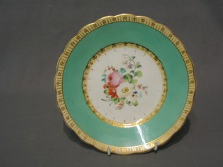 6 19th Century green and gilt banded porcelain dessert plates with floral decoration to the centre 9"