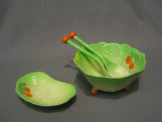 A Carltonware leaf shaped bowl, a pair of matching salad servers and a crescent leaf shaped dish 7"