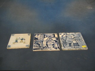 A Wedgwood Old England blue and white tile and 2 other tiles