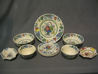 2 modern Masons shaped dishes 6", a modern Masons dinner plate 10 1/2", 5 tea plates 7", 2 circular bowls 7", 2 sugar bowls 5" (1 chipped)