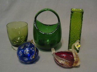 A Whitefriars style square green glass vase 8", a glass basket shaped vase 8", a miniature glass vase decorated a squirrel 5", a Venetian glass ashtray and a cut overlay glass ashtray