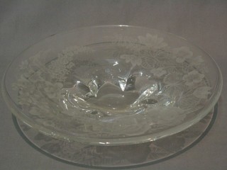 A circular etched glass pedestal bowl, the base signed 14"