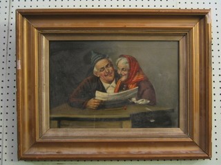 A 19th Century Continental oil on canvas "Two Elderly Peasants Reading a Newspaper" 10" x 14" (slight hole) contained in a gilt frame