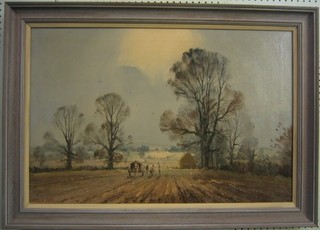 Marcus Ford, oil on canvas "Autumnal Scene with Figures Harvesting with Cart", signed,  19" x 29"