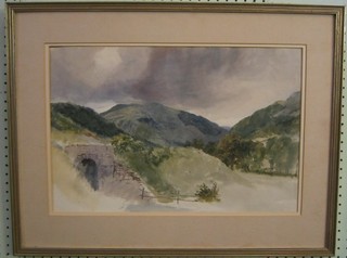 G E Rosenberg, watercolour drawing "Mountain Scene", the reverse with Norman Gallery label, 13" x 20"