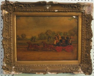 J Pollard, oil painting on board "Cambridge to London Coach with Four in Hand" 9" x 13" (some paint loss to top right hand corner)