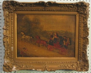 J Pollard, oil painting on canvas "Liverpool Derby Coach with Four in Hand, Fox Hunt in Distance" (slight paint blister mid right) 9" x 13"
