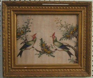 An Eastern painting on silk "Birds Amidst Branches" 7" x 9"