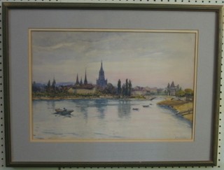 E Jardine, watercolour "Continental Towl with River and Bridge" 12" x 17"