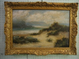 William Langbury?, oil painting on canvas "Highland Beach with Seagulls" 16" x 23" contained in a decorative gilt frame