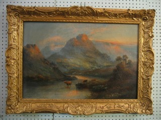 William Langbury?, oil painting on canvas "Highland Loch with Mountain in Distance and Watering Cattle" 16" x 23"