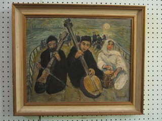 P. Mileyko, 20th Century Persian School, oil on canvas "Musicians on a Barge" 12" x 15"