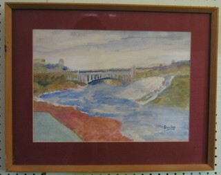 Ronald Ossrey Dunlop, impressionist watercolour "River with Bridge" signed 10" x 14"