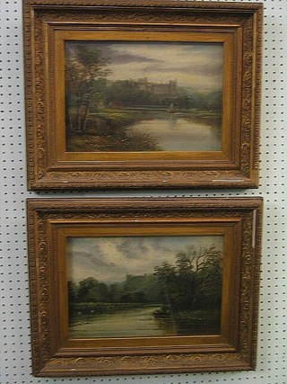 J Wilson, a pair of Victorian oil paintings on board "Castles from a River" 10" x 14"
