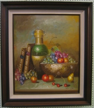 Mac Bae, Continental oil on canvas, still life, "Flask and Bowl of Fruit" 22" x 19"