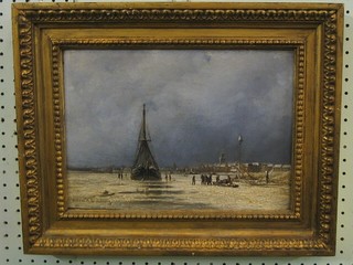 Willem H Eickelberg, 19th Century oil on board, Dutch Scene? "Sailing Ship in Icy Harbour with Figures, Sledges etc" 9" x 12"
