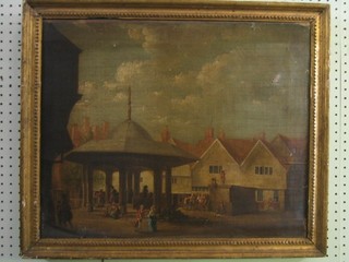 18th Century oil on canvas "Market Cross Scene with Figures" 18" x 22"