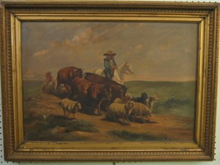 A 19th/20th Century oil painting on canvas "Figure Driving Cattle and Sheep" 15" x 21"