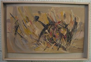 John Bolam, modernist oil on board "The Gulls Fighting on the Beach" 20" x 33"