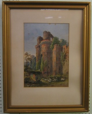 G Earp, watercolour "Shepherd by a Ruined Castle" 13" x 9"
