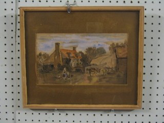 18th/19th Century naive watercolour "Country Lane with Driven Cattle, Cottage with Figures" 6" x 9"