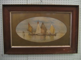 A woolwork picture of barges 7" oval