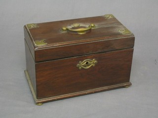 A 19th Century rosewood and brass banded 3 section tea caddy with hinged lid, 9" (no interior)