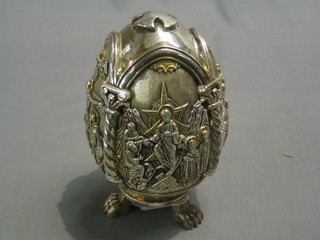 A Greek silver plated egg decorated The Life of Christ 5"