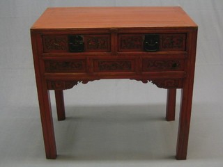 An Eastern red lacquered side table/chest fitted 2 drawers raised on square supports 35"