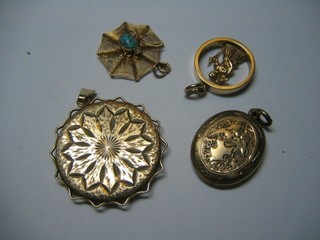 A "gold" St Christopher medal, a gold spiders web brooch with spider and 2 gilt metal lockets