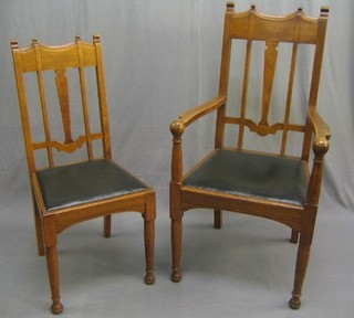 A set of 6 Arts & Crafts honey oak stick and bar back dining chairs with upholstered drop in seats, raised on turned supports