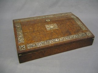 A Victorian figured walnut inlaid mother of pearl writing slope with hinged lid and mother of pearl escutcheon 16" (crack to fall on front)