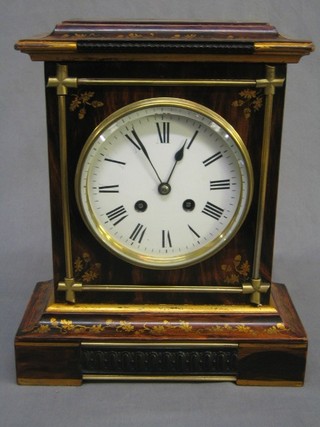 A 19th Century French 8 day striking bracket clock with circular enamelled dial and Roman numerals contained in a simulated rosewood and brass inlaid case 