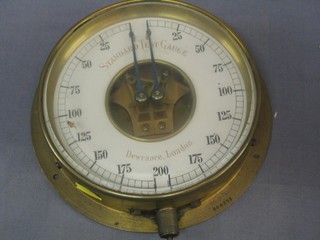 A brass standard test gauge by Dewrance of London 0 - 200, 7"