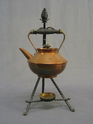 An Art Nouveau Dresser style copper spirit kettle, the base marked CED, raised on a wrought iron stand