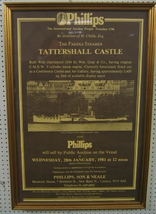 A Phillips sale poster for the Paddle Steamer Tattershall Castle, to be sold on the vessel, Wednesday 28th January 1981