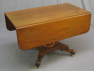 A 19th Century mahogany pedestal Pembroke table, raised on a bulbous turned column with triform base 45"