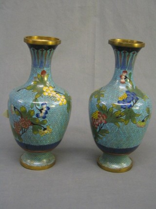 A pair of cloisonne enamel club shaped vases 10" (1f)