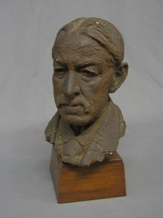 A plaster head and shoulders portrait bust of a gentleman 30", raised on a teak stand   
