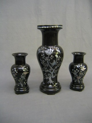 A 20th Century Eastern lacquered vase of club form 13" and 2 other smaller vases 8"  