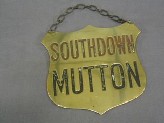 A 19th Century brass shield shaped butcher's Dead Stock sign, marked Southdown Mutton, 7 1/2"