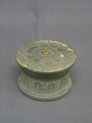 A circular carved Eastern stone trinket box 5"