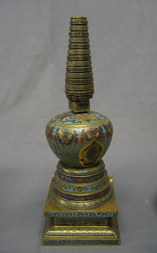 An Eastern cloisonne enamel finial raised on a stepped base 14"