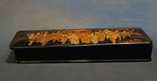 A 19th Century rectangular lacquered glove box, the lid decorated Oriental scene with procession 12"